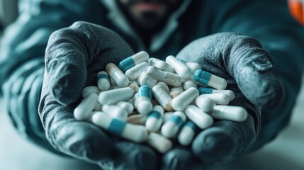 Hands full of pills symbolize the struggle against addiction and crime