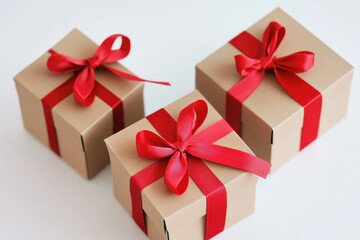 Fototapeta premium Three brown boxes wrapped with red ribbons and bows, ideal for gift wrapping or decorating