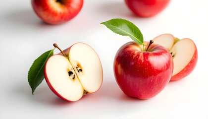 High-quality image of a red apple in various presentations: whole, half-sliced showing seeds, with a green leaf, and a quarter slice. Clean white background.