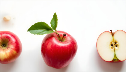 High-quality image of a red apple in various presentations: whole, half-sliced showing seeds, with a green leaf, and a quarter slice. Clean white background.
