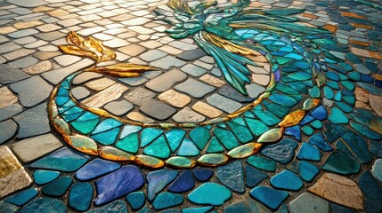 Stunning Teal and Gold Mosaic Mermaid Tail Artwork