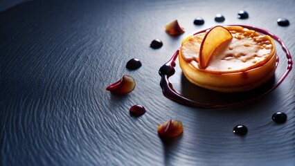 Artistic cheesecake with fruit garnish and berry sauce on a slate plate
