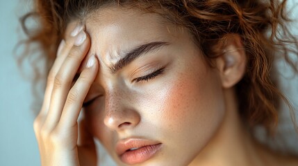 Fototapeta premium Close-up of a young woman with curly hair expressing discomfort, set against a soft background