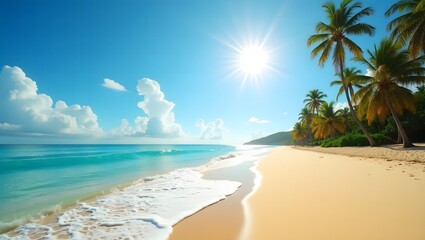 Idyllic Tropical Beach with Palm Trees and Blue Ocean &ndash; Vacation Getaway