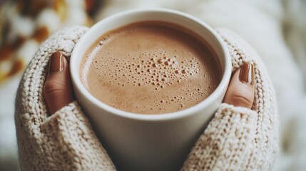 A person holds a cup of coffee in their hands, ready to take a sip