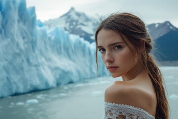 Young woman standing in front of a glacier with stunning mountain landscape in the background