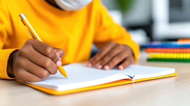 Schoolboy focused on learning while writing in his notebook during class - Powered by Adobe