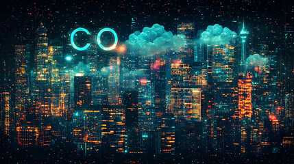 Fototapeta premium Cityscape at night, CO2 cloud above. Environmental impact