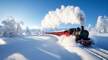 Scenic railways transportation concept. A vintage steam train chugs through a snowy landscape, surrounded by frosted trees under a clear blue sky.