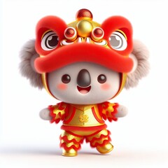 3D Adorable cartoon gold red happy Koala in a lion dance costume, white background