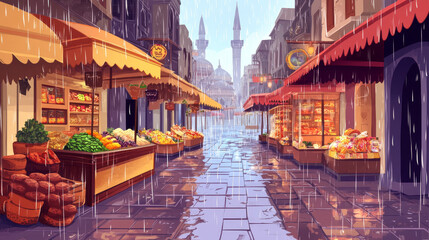 Obraz premium Traditional arabic bazaar with shops on empty city street in rain. Turkish town with market, stores with food and souvenirs at rainy autumn weather, vector cartoon illustration