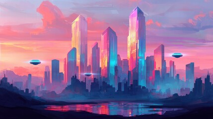 Fototapeta premium Futuristic Urban Landscape with Colorful Skyscrapers and UFOs
