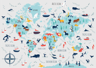 Cartoon vector world map of whales, ships, sailboat, bird decorative colorful background, adventure doodle illustration marine life, children poster design travel fantasy wallpaper animal for play kid