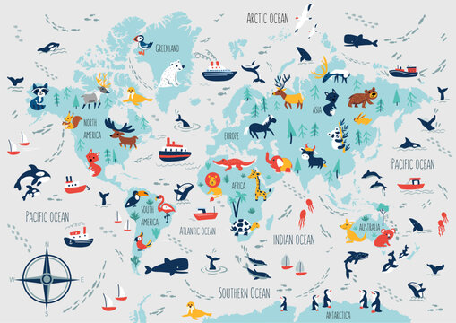 Cartoon vector world map of whales, ships, sailboat, bird decorative colorful background, adventure doodle illustration marine life, children poster design travel fantasy wallpaper animal for play kid