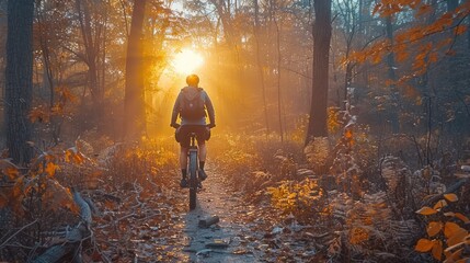 Fototapeta premium Biker Riding through Autumn Forest at Sunset