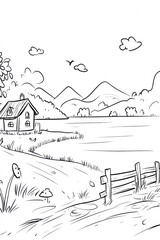 Obraz premium A hand drawn illustration of a house, a path, a fence, a river, mountains, and trees.