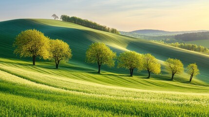 Obraz premium Spring sunrise over rolling green hills, trees, and farmland