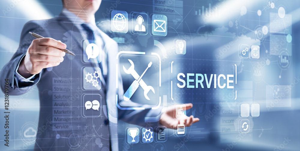 Poster service support customer help call center business technology button on virtual screen.