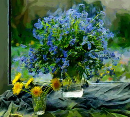 Artistic still life with flowers on a sunlit window