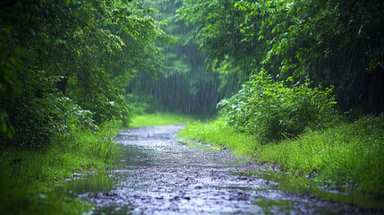 Obraz premium Summer rain in forest cartoon illustration. Panoramic scene of rainfall in wood with many trees, green grass and bushes, water puddles and footpath. Damp weather. Natural park landscape vector design