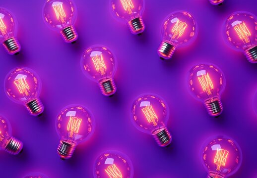 Glowing light bulbs arranged on purple background.