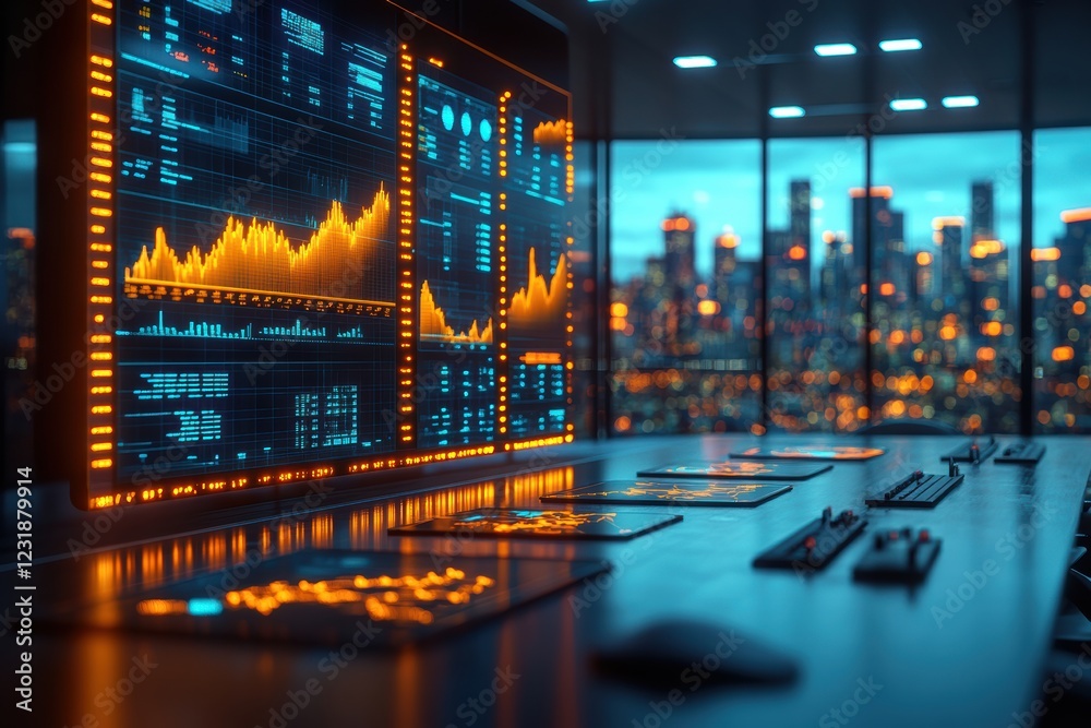 Poster A modern office workspace featuring advanced data analysis screens, showcasing vibrant graphs and city skyline views during twilight hours.