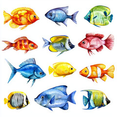 A vibrant collection of twelve watercolor fish.