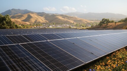 Solar Panels in Field with Mountainous Landscape and Blue Sky