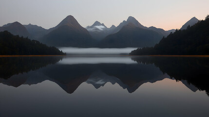 Misty sunrise mountains reflected in still lake