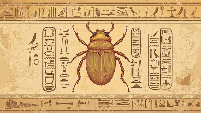 Stone board or clay tablet with scarab beetle and Egyptian hieroglyphs cartoon vector illustration Ancient object for recording storing information, graphical user interface for game design on white
