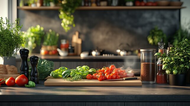 A kitchen counter with a cutting board full of vegetables including tomatoes, basil, and broccoli. There are also several spices and herbs on the counter