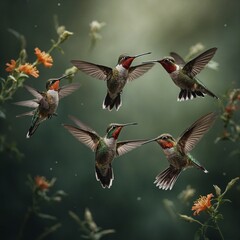 Fototapeta premium A group of hummingbirds hovering near each other in harmony.