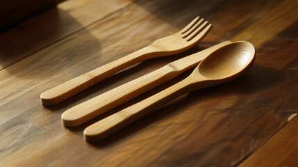 3d cutlery wood and broken plastic, disposable fork, spoon and knife. Isolated bamboo biodegradable table setting made of natural eco recycle reusable material, Realistic vector illustration, set