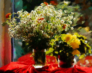 Artistic still life with flowers on a sunlit window