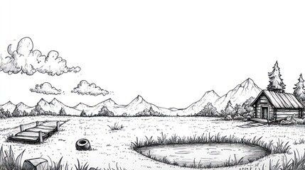 Fototapeta premium A hand-drawn illustration of a cabin in the mountains with a pond and a wooden dock.