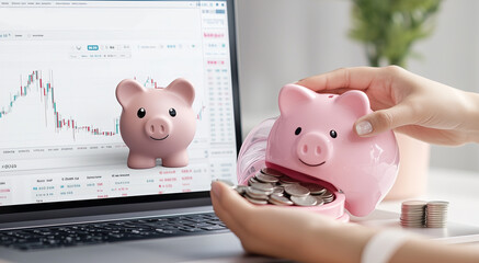 A woman is holding a pink piggy bank and coins in front of a computer screen. The piggy bank is on the right side of the screen, and the coins are scattered around it