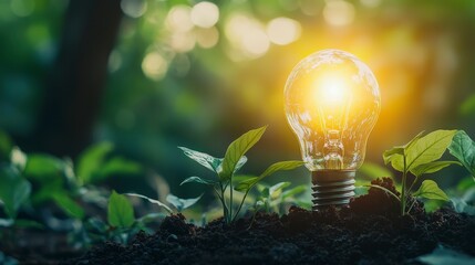 Light Bulb Surrounded by Green Plants with Glowing Effect