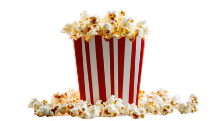 Overflowing popcorn in classic striped container on transparent background