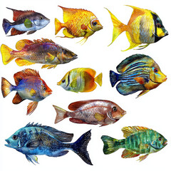 A collection of vibrantly colored tropical fish.