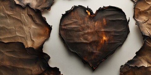 Obraz premium A burnt heart on a piece of paper with ashes and soot