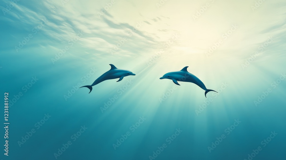 Aufkleber Two dolphins are swimming underwater in a tranquil ocean, illuminated by sunbeams filtering through the surface, creating a serene and captivating underwater scene