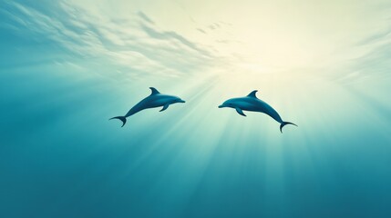 Two dolphins are swimming underwater in a tranquil ocean, illuminated by sunbeams filtering through the surface, creating a serene and captivating underwater scene