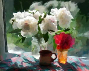 Artistic still life with flowers on a sunlit window