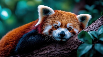 This stunning image features a red panda lounging lazily on a tree branch, showcasing its vibrant fur and expressive eyes, highlighting the beauty of wildlife in a serene setting.