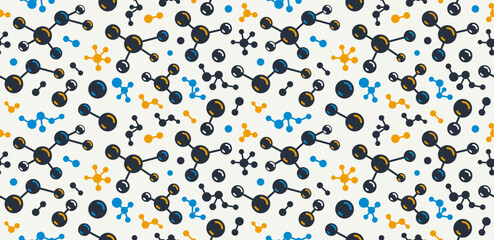 Molecules seamless background, vector tiling endless repeat pattern with different molecules, chemistry and pharmacology theme, elements easy to use separately as an icons or illustrations.