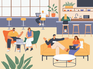 People in coworking. Modern cafeteria interior, freelancers work in common room, various remote areas of activity, vector illustration