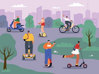 People on electric vehicles in city park. Modern urban ecological transport, scooter, motorcycle and bicycle riders, vector illustrationt © Vectorcreator