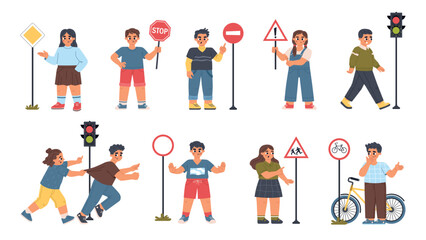 Naklejka premium Road signs for children. Kids traffic education, little pedestrian road safety, boys and girls learn the rules, crossing street, vector set
