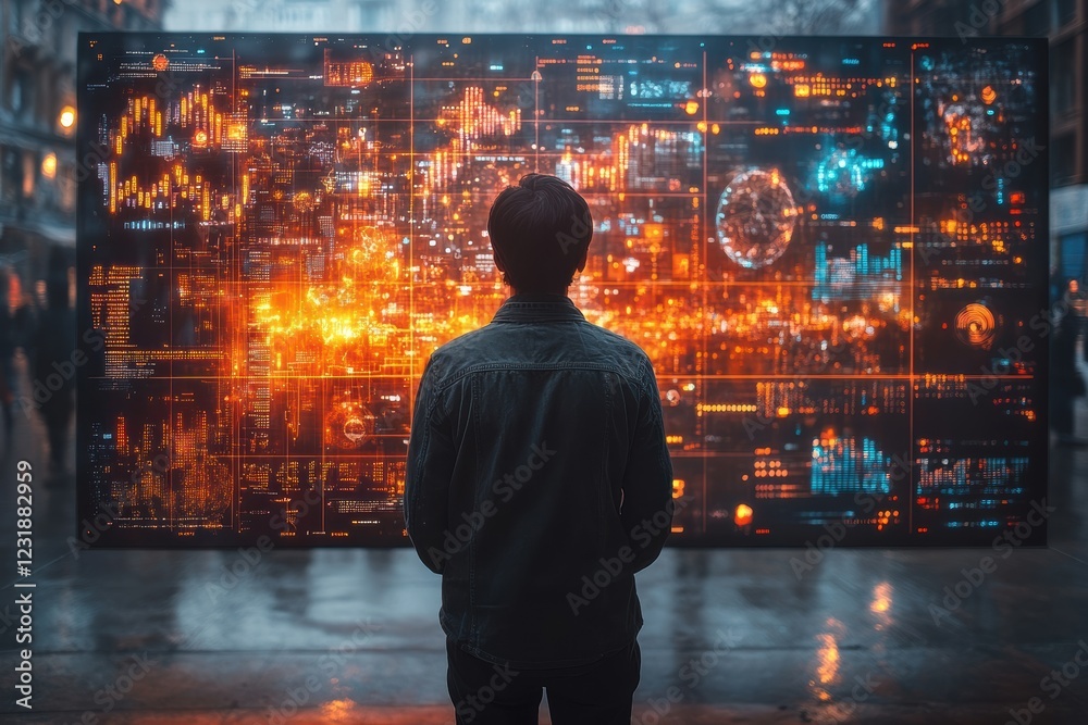 Aufkleber a person gazes at a futuristic digital display showcasing vibrant data visuals and interactivity, sy