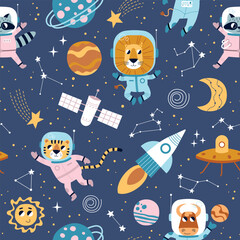 Space animals. Lion, tiger, raccoon and bull astronauts, kids repeated objects, rockets, satellites and planets, vector seamless pattern